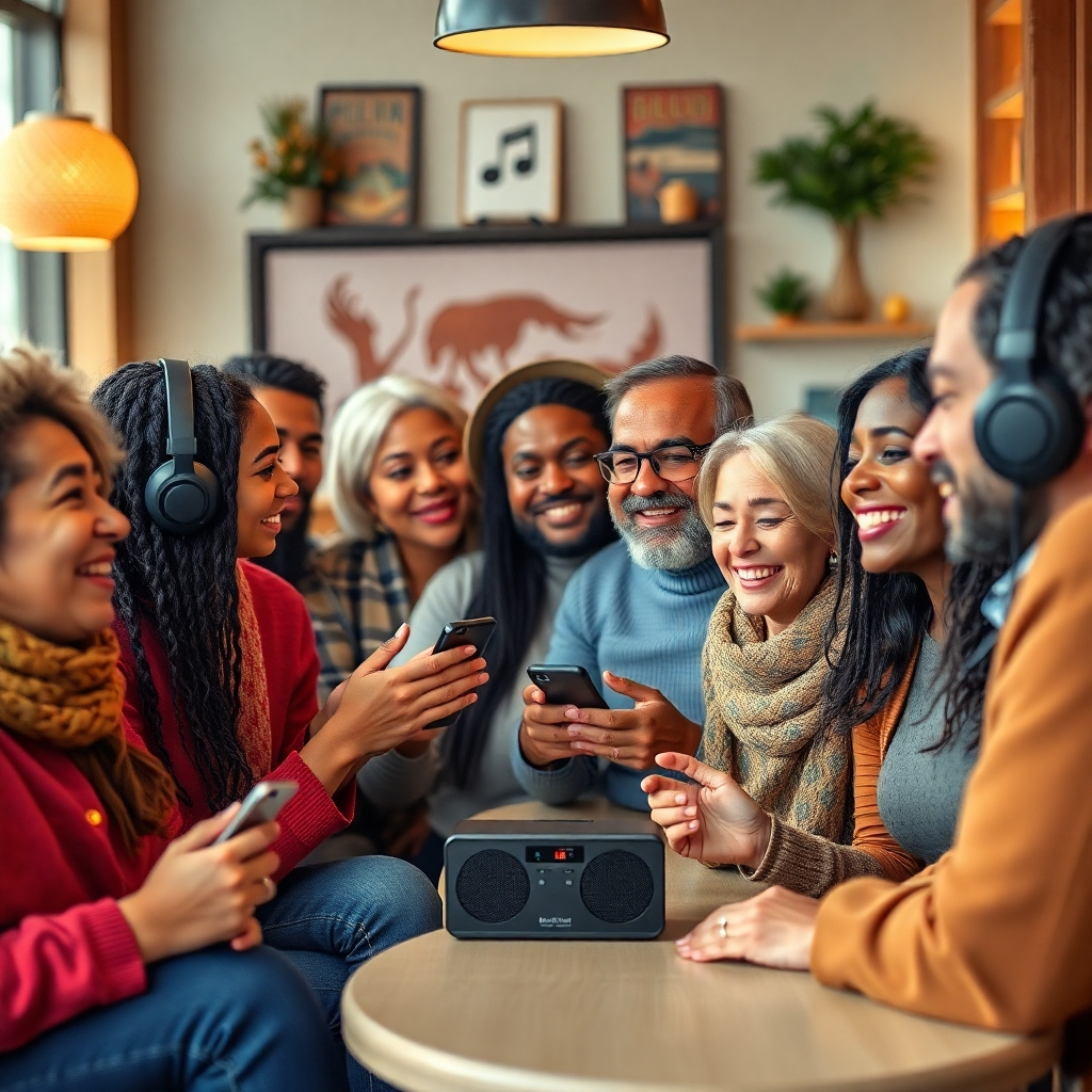 A photorealistic image of a diverse group of people of different nationalities and ages interacting positively and listening to the radio together in a warm and inviting atmosphere.  The image should use a 4K resolution.