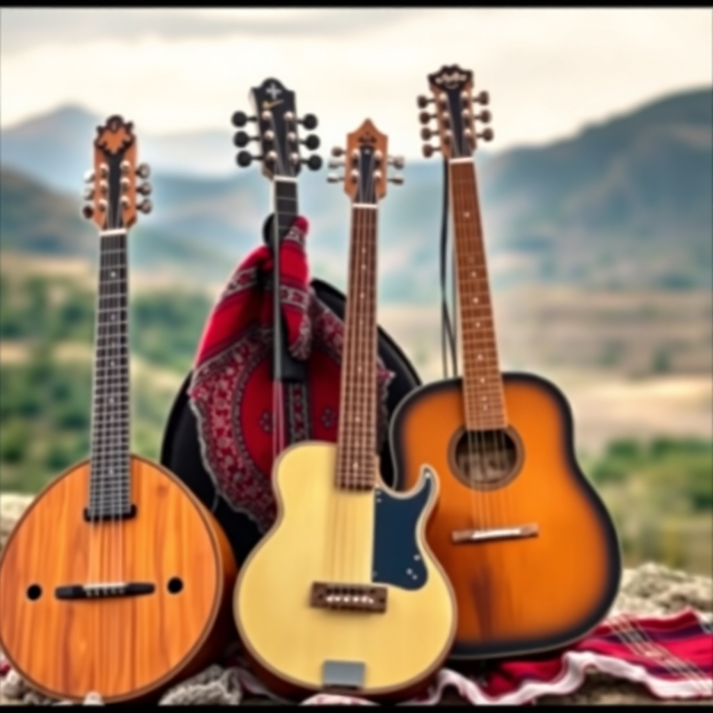 Create a high-quality 4K image showcasing a mix of Afghan traditional and modern music instruments. The background could be slightly blurred to focus on the instruments, but include some Afghan landscape. The color scheme should be vibrant and warm, reflecting the energy of the music. The lighting should be bright and clear, making the details of the instruments visible. The photo should have an artistic style.